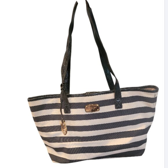 Michael Kors Summer Stripe East West Canvas Tote Black/ White - Picture 1 of 16
